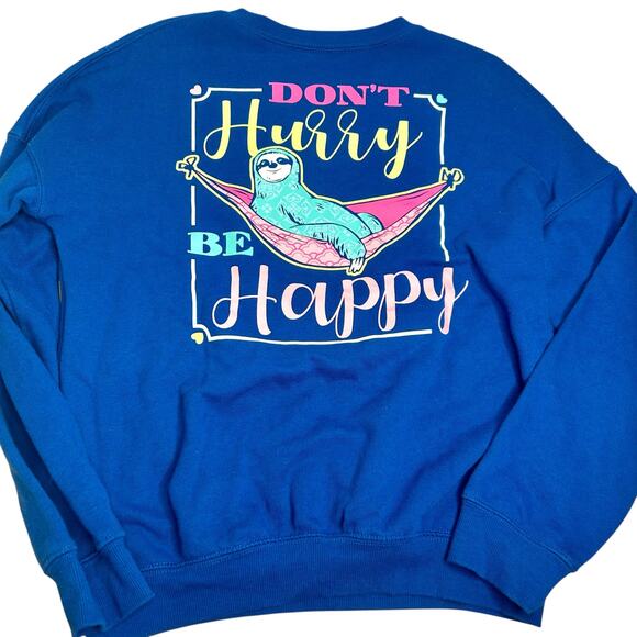 Benny & Belle Colbalt Blue Sloth Don’t Hurry Be Happy Sweatshirt Size Small - Picture 3 of 5